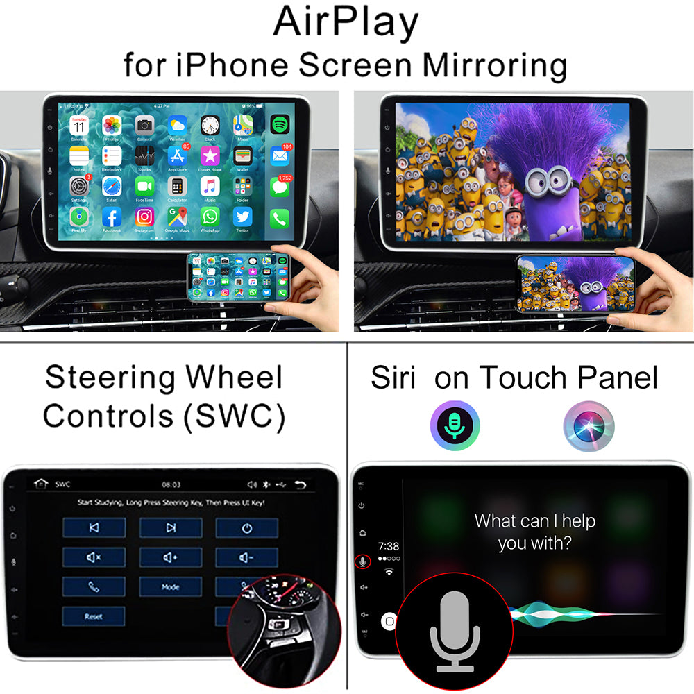 Datong 10.1 Inch 1din Android Auto & Wireless CarPlay Adjustable Car Radio Car Stereo Receiver with Live Rear-View Backup Camera