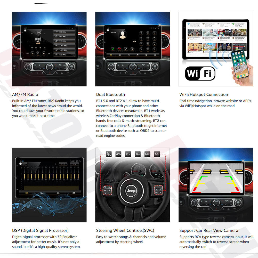 Datong Technology 13.3 Inch Android Car Stereo for Jeep Wrangler 2018-2022 Rotatable Touchscreen Wireless CarPlay Android Auto 4+64G Car Radio Audio Receiver GPS Navigation AM/FM WiFi Dual BT Tesla Style Headunit
