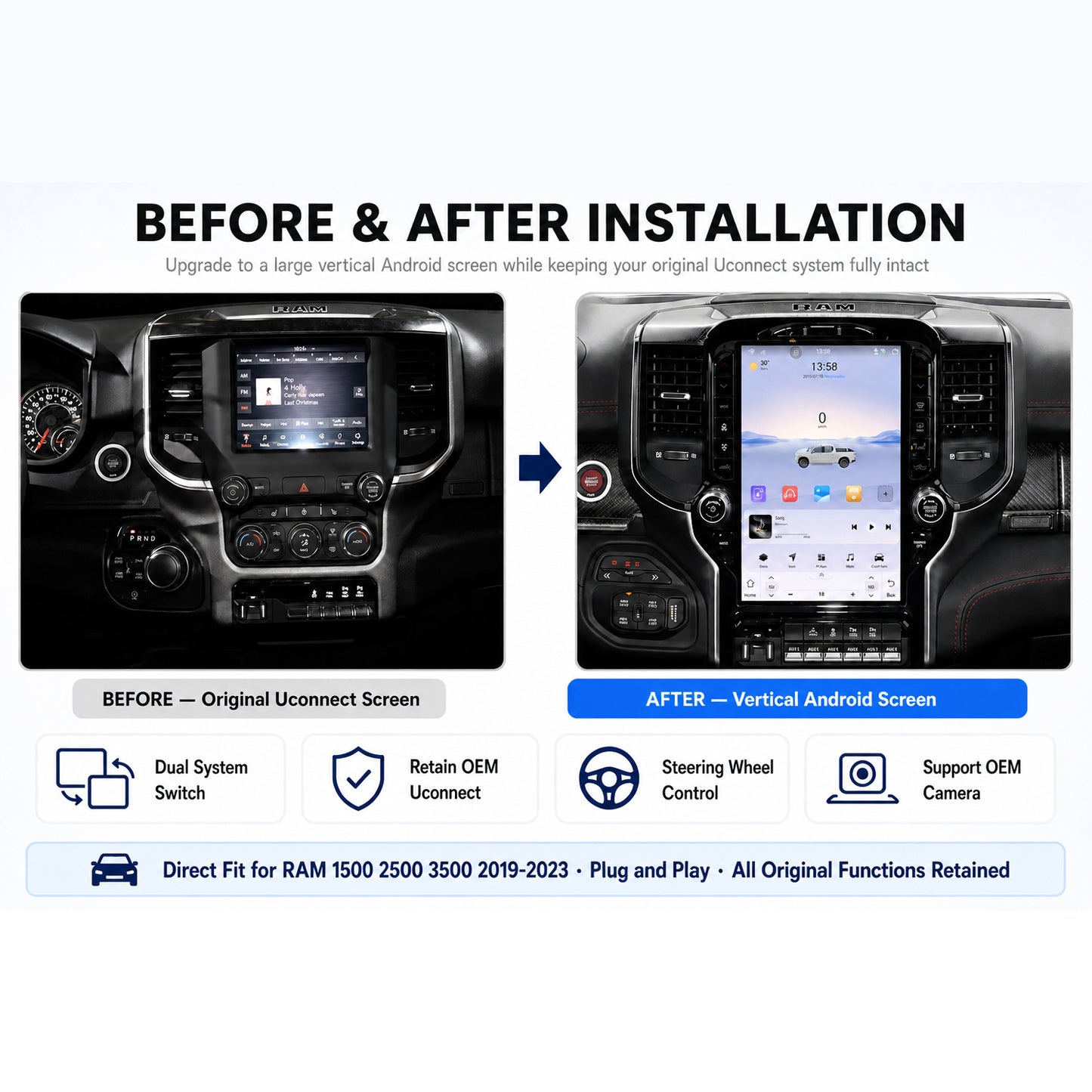 13 Inch Tesla-style Vertical Screen Android Car Radio for RAM 1500 2500 3500 4500 2019 - 2023
